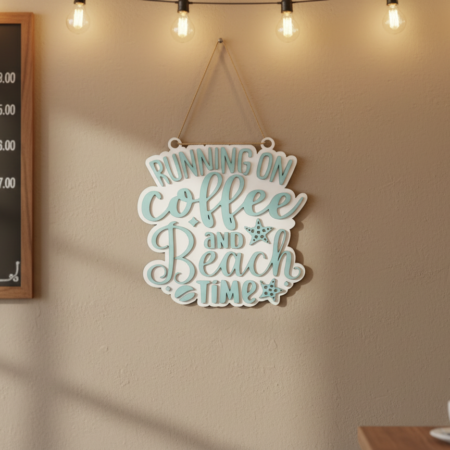 Running on Coffee and Beach Time – Hanging Sign, 10.5" x 11"