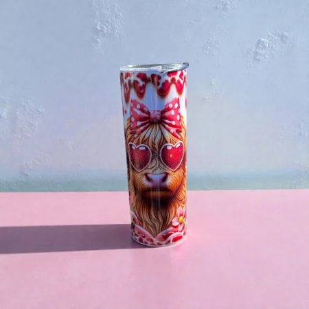 20oz Skinny Highland Cow Tumbler with Heart Glasses & Strawberry Drip Design